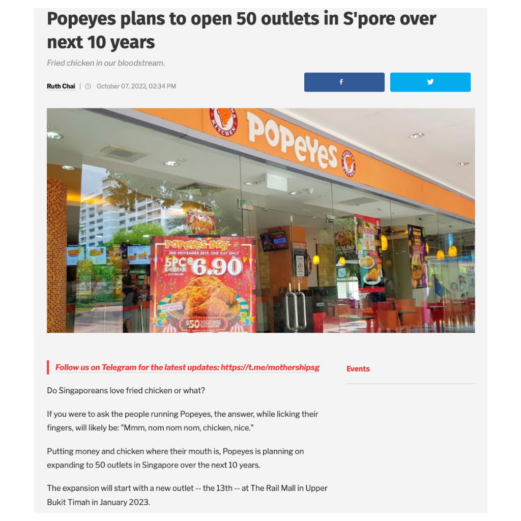  Mothership - Popeyes plans to open 50 outlets in S'pore over next 10 years