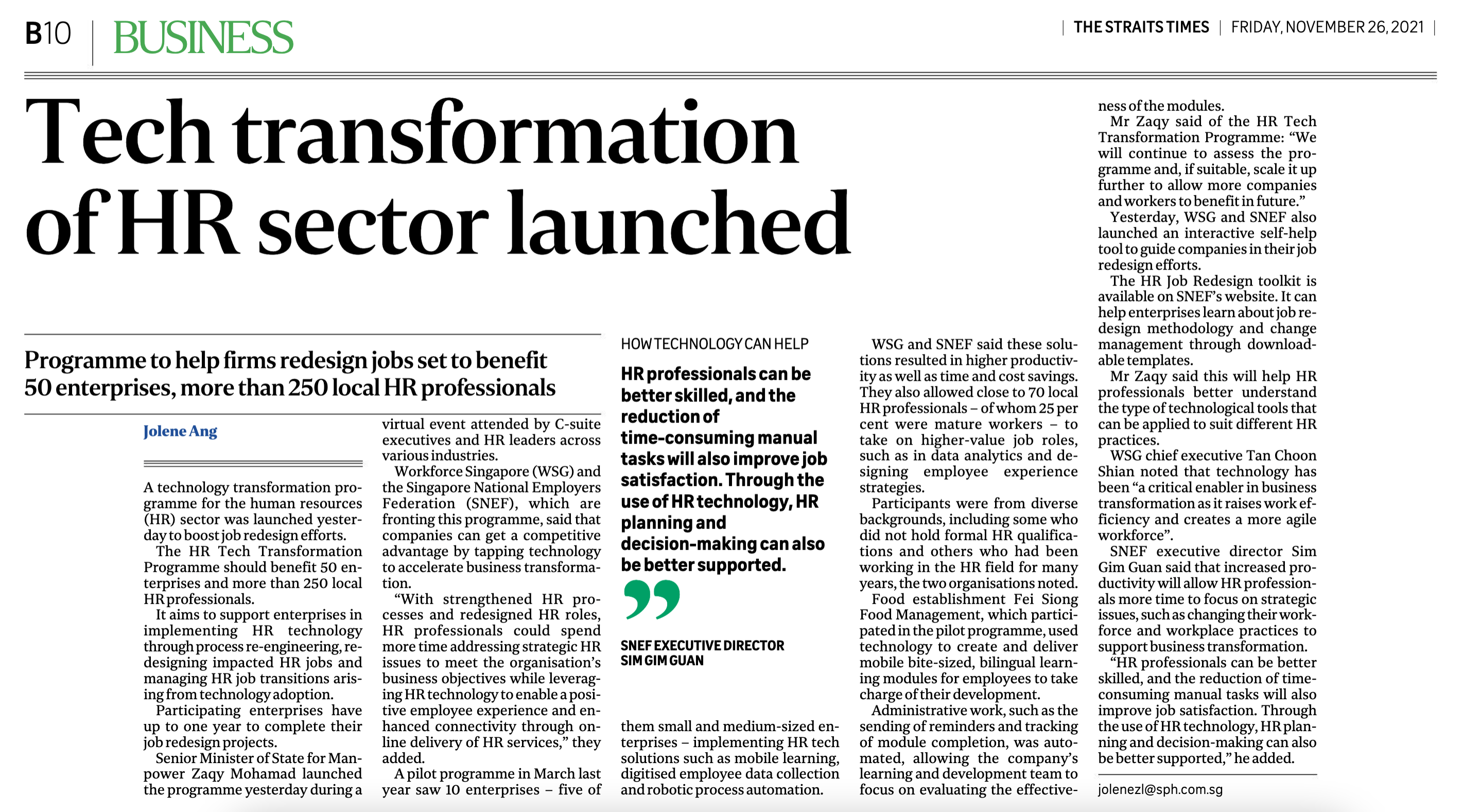 The Straits Times - Tech transformation of HR sector launched